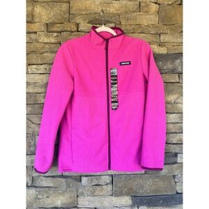 Lands' End Fleece Jacket Girls XL 14-16 Red Full Zip Waffle Grid Blue Trim